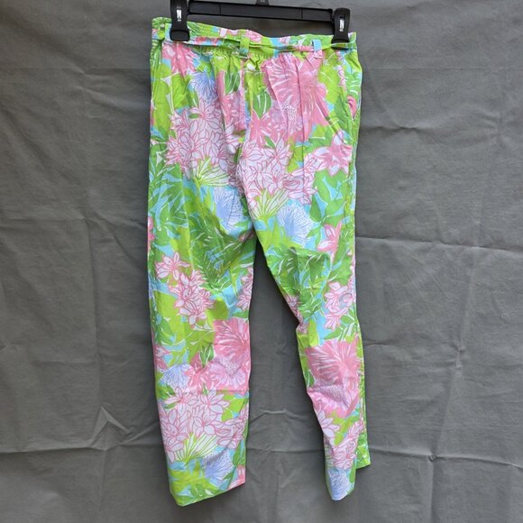 Lilly Pulitzer Size 10 Pull On Pants Green Pink Lightweight Wish Wash Tropical - Picture 2 of 6